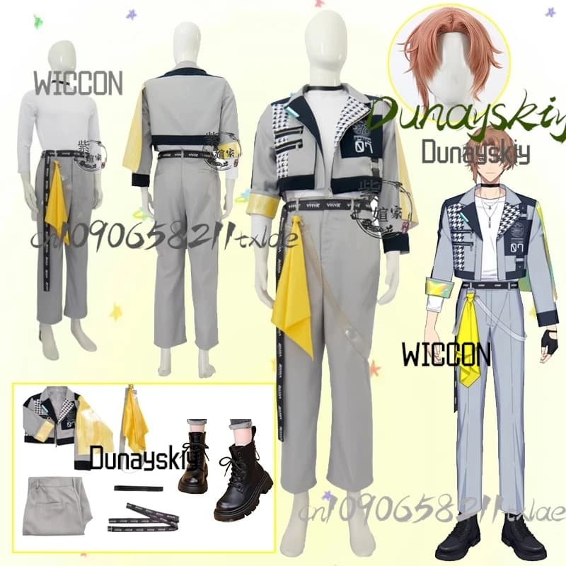 Set Completo di Costumi Cosplay Nanamegi Nanaki per Uomo e Donna, con Parrucca, Stivali, Cappotto e Pantaloni Grigio-Giallo, per Carnevale e Regali ai Fan