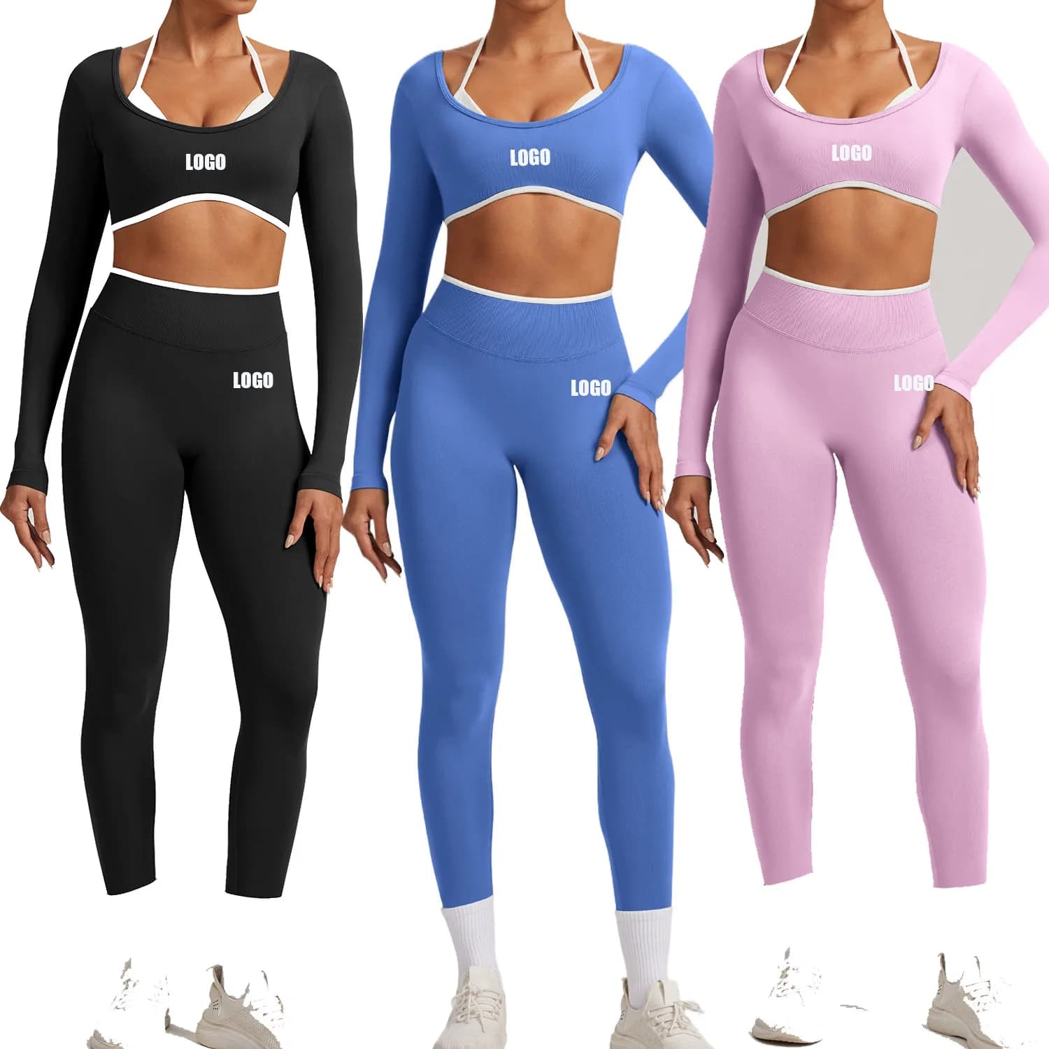Custom LOGO Women's Seamless White Hemming Yoga Hollow Beauty Back High Waist Fitness Suit Sports Running Two-piece Set