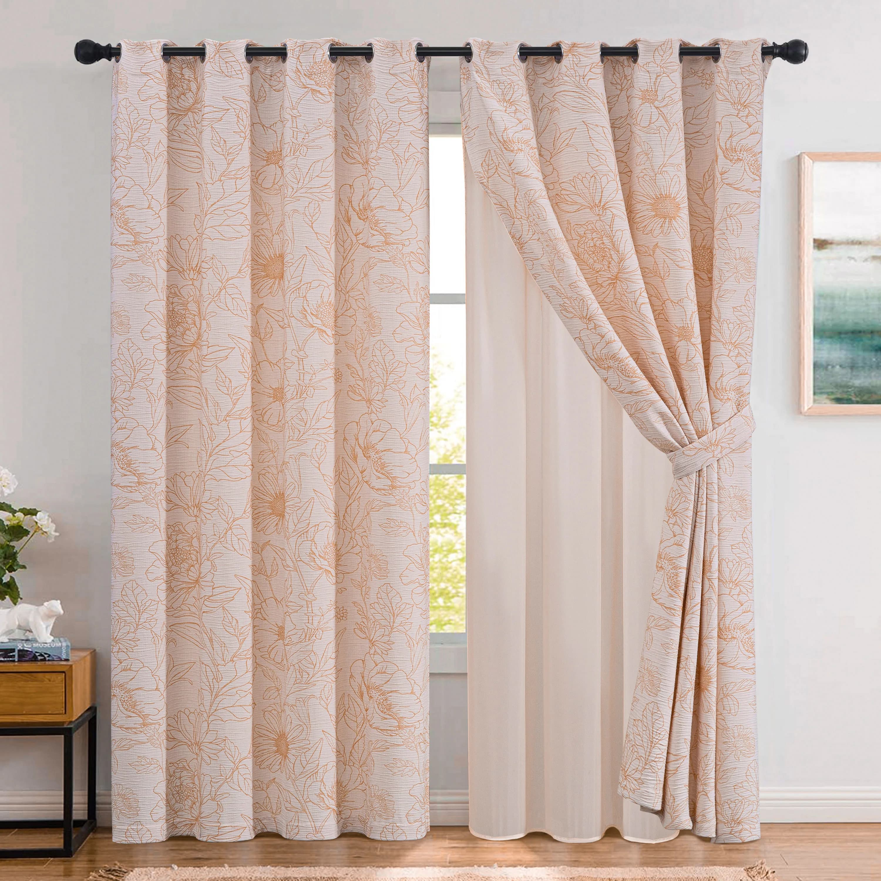 Set di Tende Katrina a 2 Pannelli in Jacquard con Motivi Floreali e Botanici, con Occhielli per Montaggio a Finestra