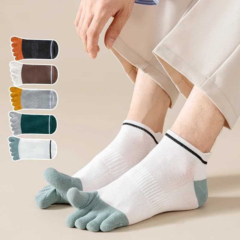 5 paia di calzini da barca da uomo con punta estiva in maglia di cotone traspirante che assorbe il sudore patchwork a righe elastiche alla caviglia calzini sportivi a 5 dita