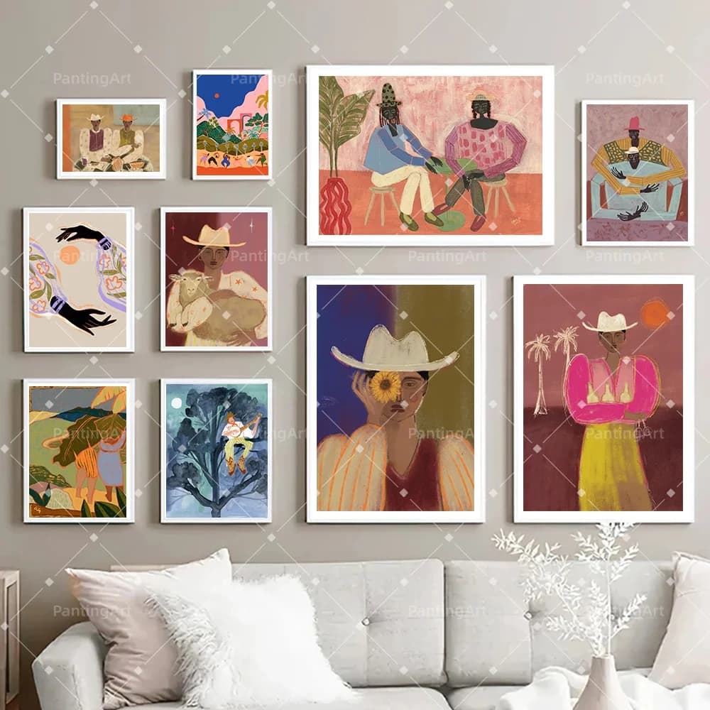 Bohemian Cowboy Disco Martini Canvas Painting Abstract Latino Folk Figure Art Posters Print Suitable For Gallery Wall Home De