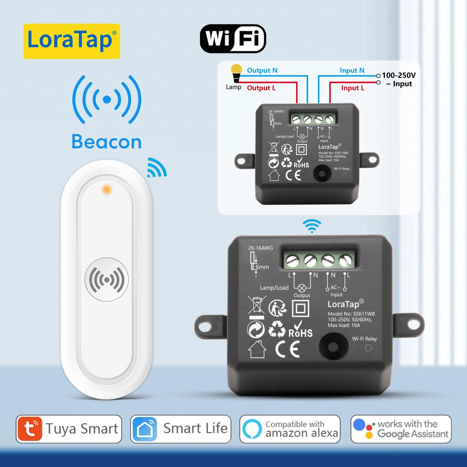 Modulo Interruttore Wireless LoraTap RF+WIFI 10A, Controllo Remoto tramite App Tuya Smart Life, Controllo Vocale tramite Google Assistant e Alexa