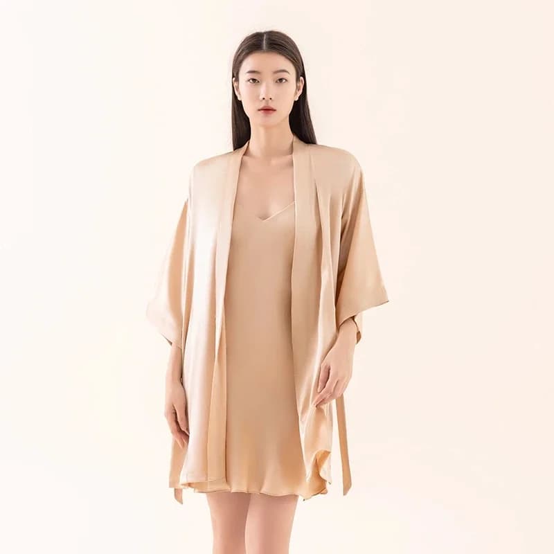 100% Gelso Silk Kimono with V-neck and Night-Shirt Short Shirt, Unit Tint, Sexy, for Sleep and Bathroom