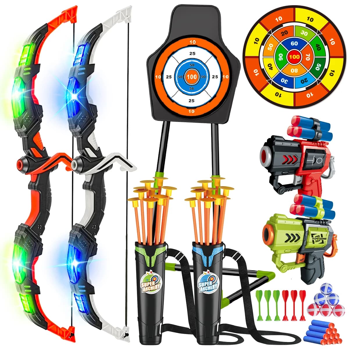 VATOS 2X Arco Freccia + Pistole Giocattolo Per I Bambini Luce Notturna Tiro Con Arco Stand Bersaglio Bordo Gioco All'aperto Per Interni Giocattoli Delle Ragazze Dei Ragazzi Regalo Di Natale