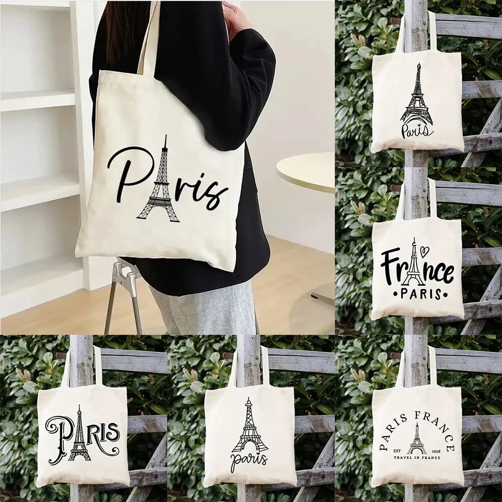 Borsa Tote in Tela Paris Francia con Stampa Grafica Torre Eiffel, Borsa Souvenir da Donna, Borsa a Spalla per Viaggi e Vacanze