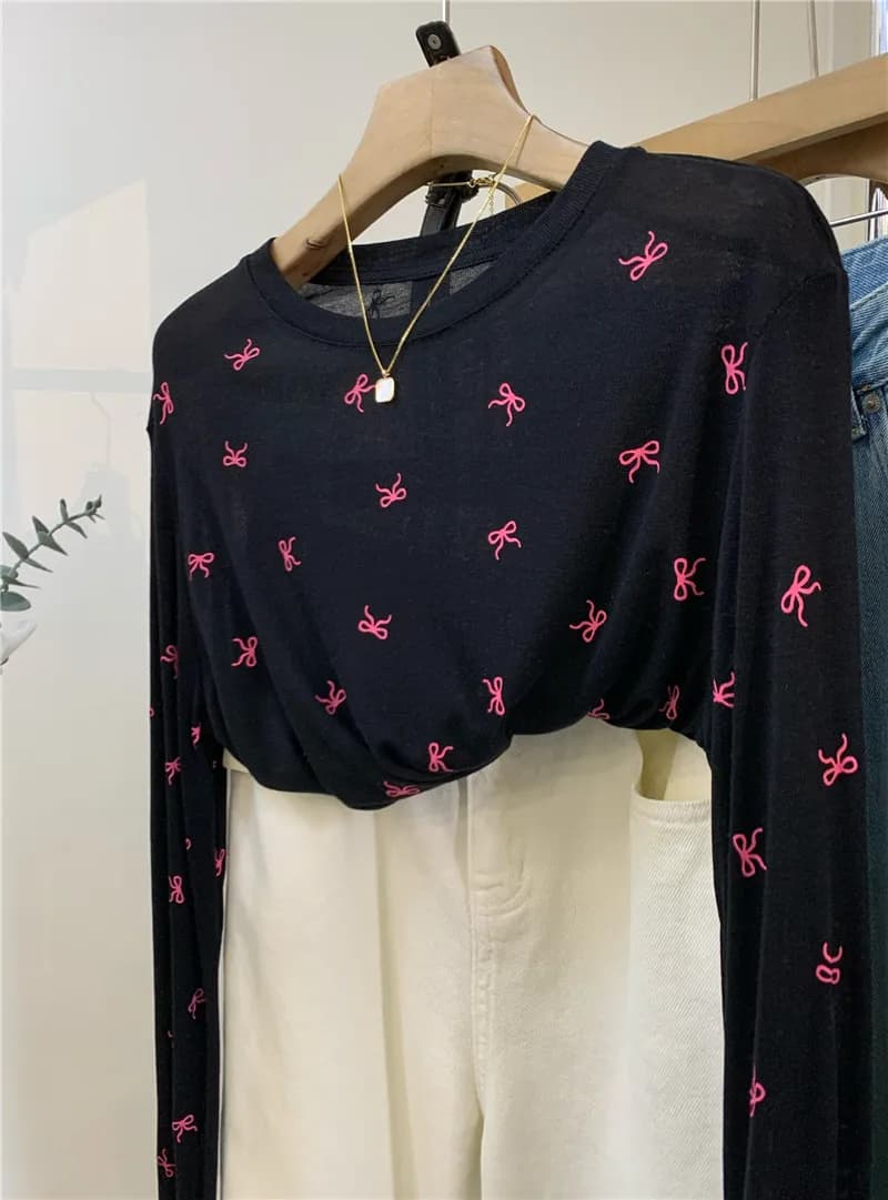 Lightweight Long Sleeve T-Shirt Women's Spring Summer New Style Knot Print Cotton Polyester Blend UV Protection Air...
