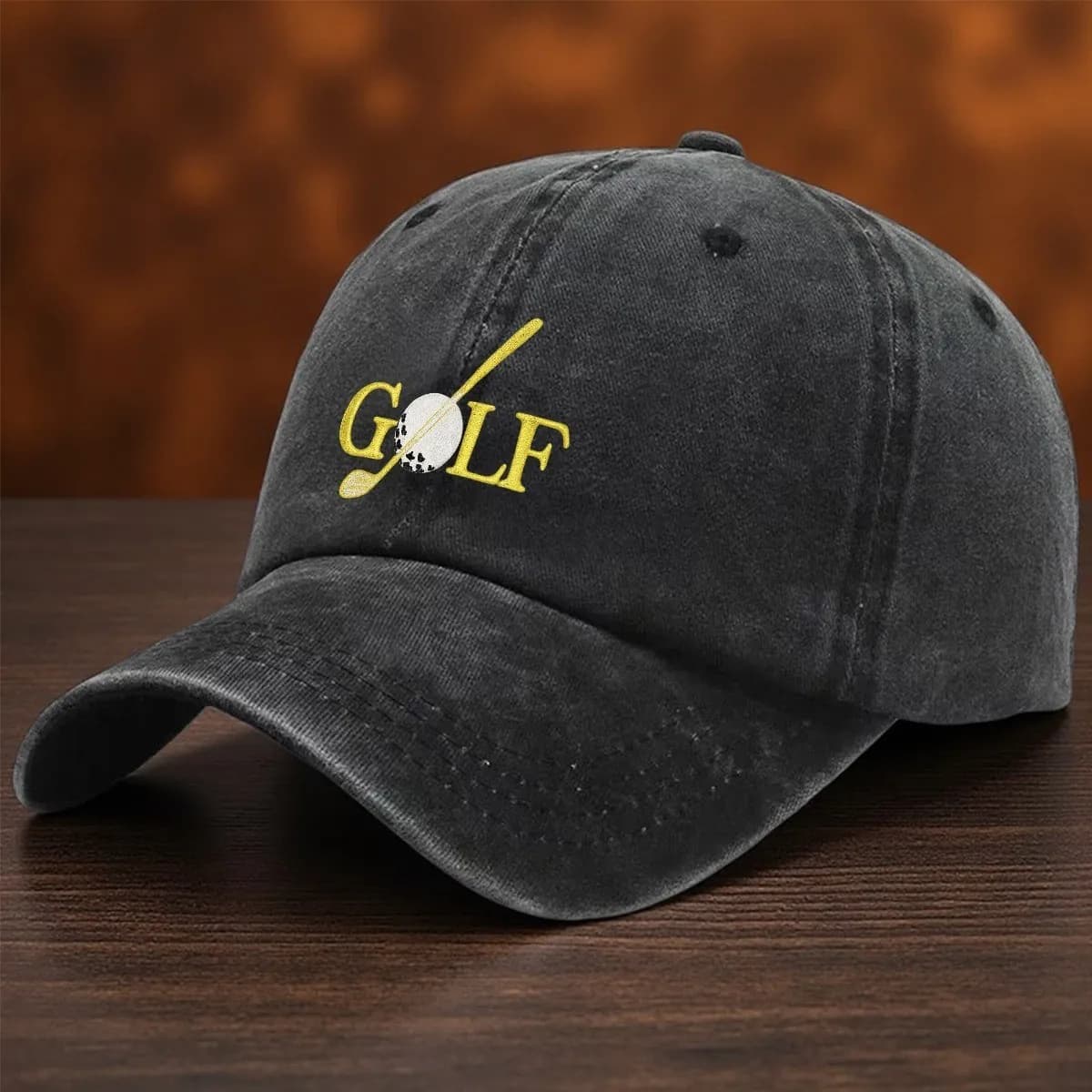 Cappellino da Baseball in Denim Lavato con Grafica Golf Club e Pallina, Stile Vintage Casual, Regolabile, per Sport