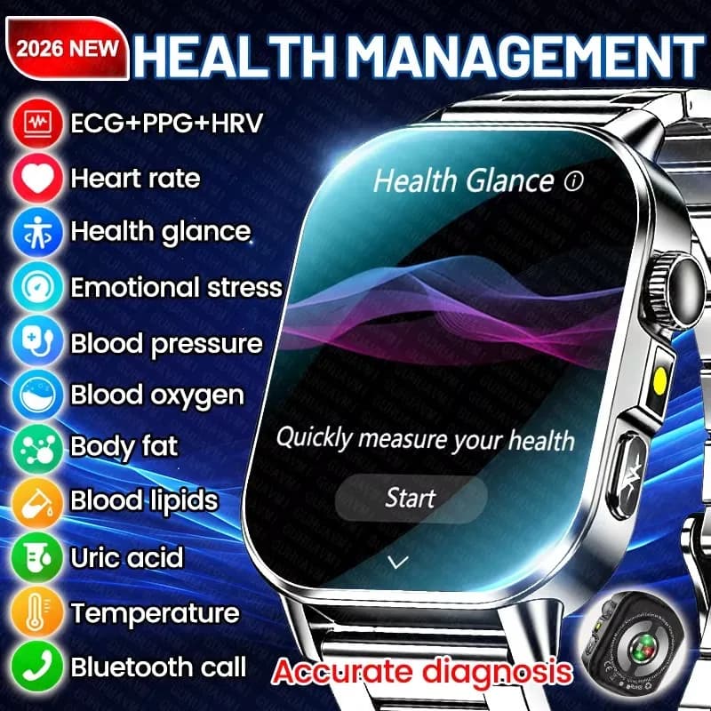 Nuovo Smartwatch per Uomo e Donna con Monitoraggio Acido Urico, Grasso nel Sangue, ECG, Pressione Sanguigna, Ossigeno nel Sangue, Diagnosi Accurata, Compatibile con iOS, Chiamate BT