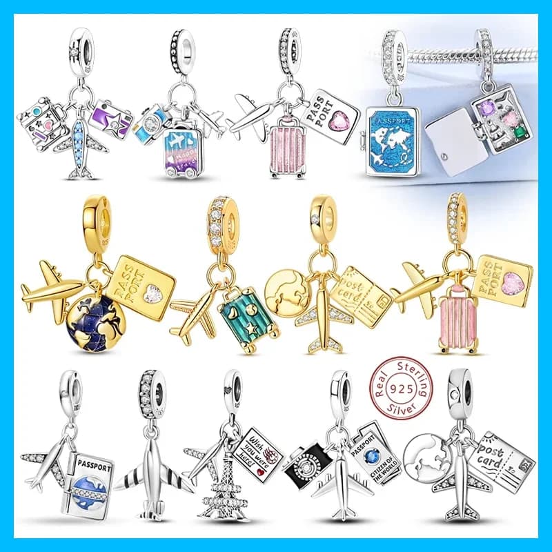 925 Sterling Silver Suitcase Airplane Charms Beads Fit Original Bracelets Bag Keychain Charm Bead Pendant Diy Women Jewelry Gift