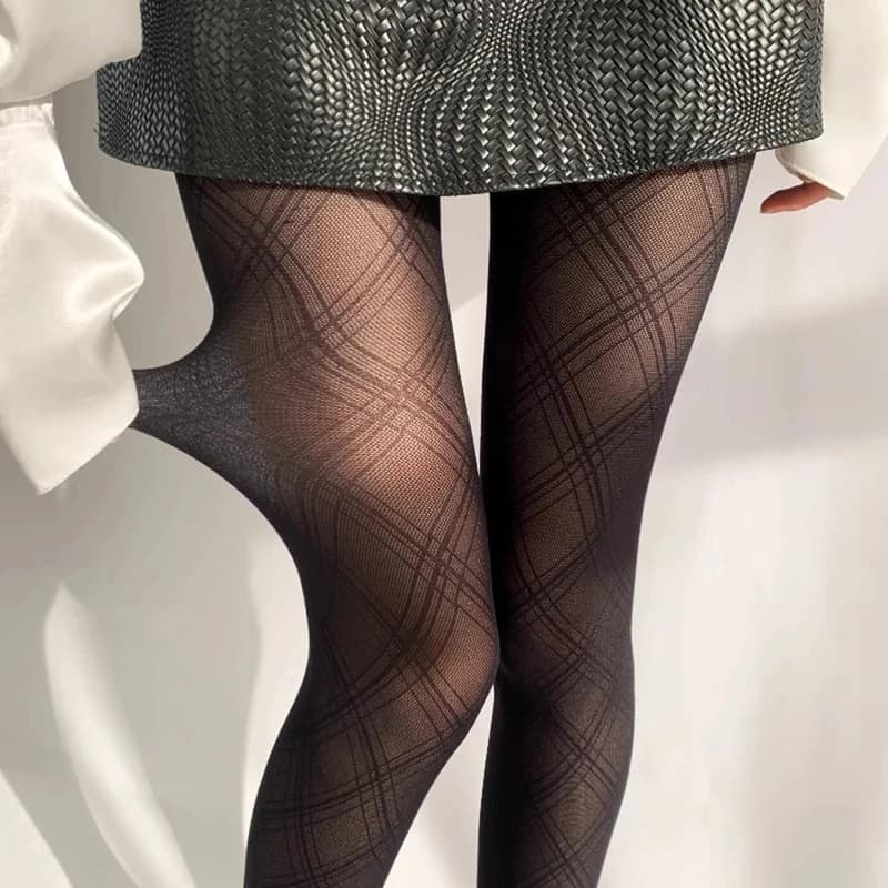 Collant neri a rete da donna, collant in seta sexy con stampa a quadri scuri, ideali per feste e vacanze