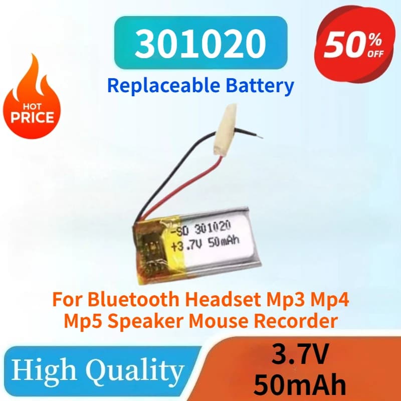 High Quality 3.7V 50mAh 301020 Rechargeable Li-ion Polymer Battery for Bluetooth Headset Mp3 Mp4 Mp5 Speaker Mouse Recorder