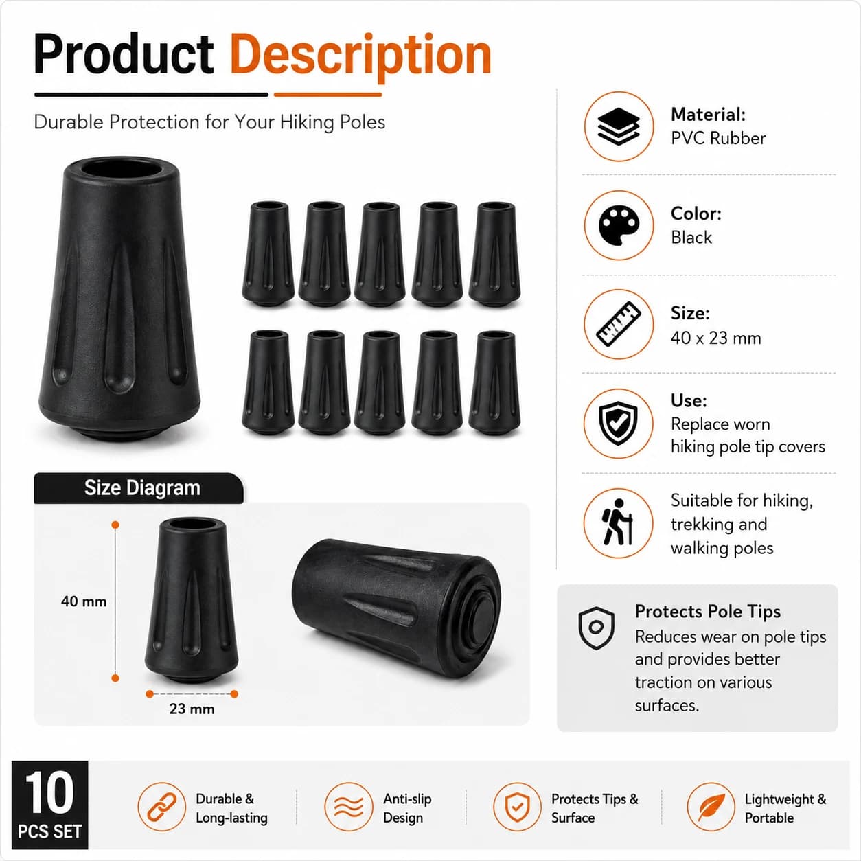 10-40Pcs Trekking Pole Rubber Tip Protectors, Replacement Feet Caps for Walking Sticks, Hiking Pole End Covers for Camping Hike