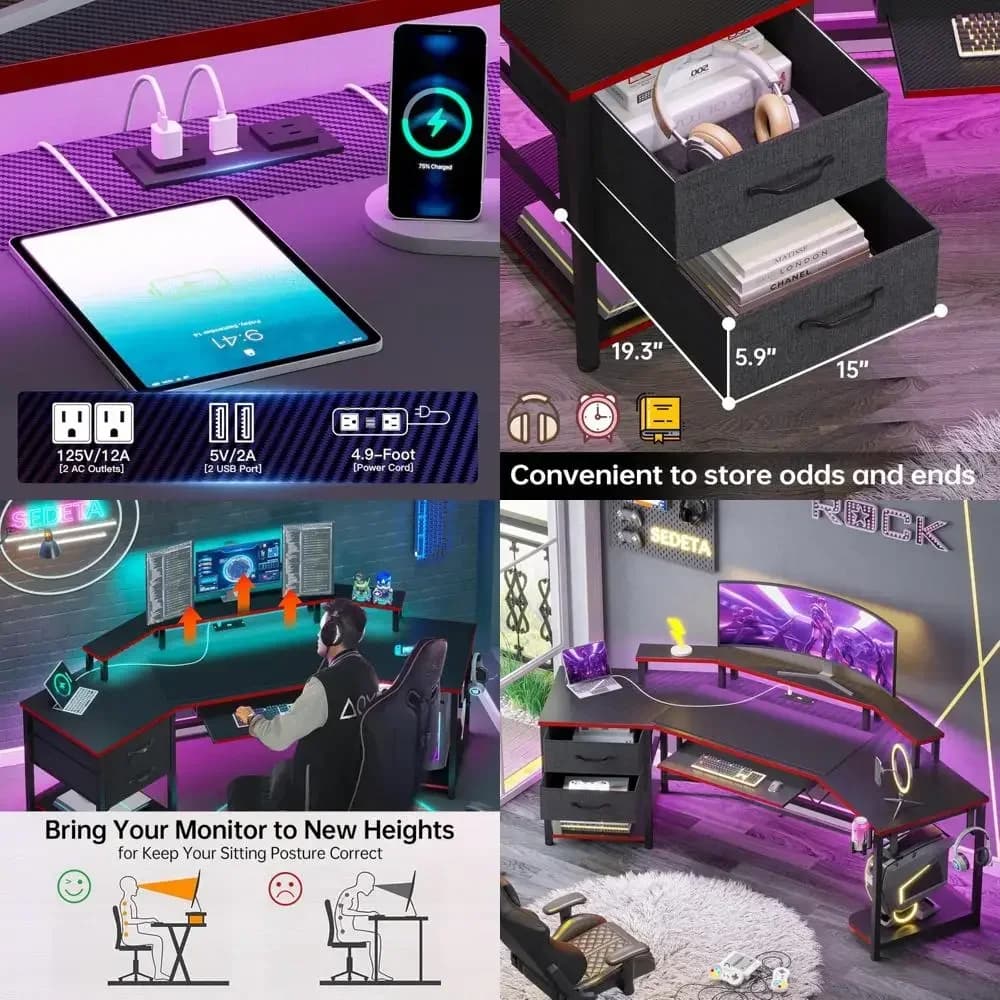 Scrivania da gaming a forma di L da 79 pollici con cassetti in tessuto e illuminazione a LED per l'organizzazione dell'home office