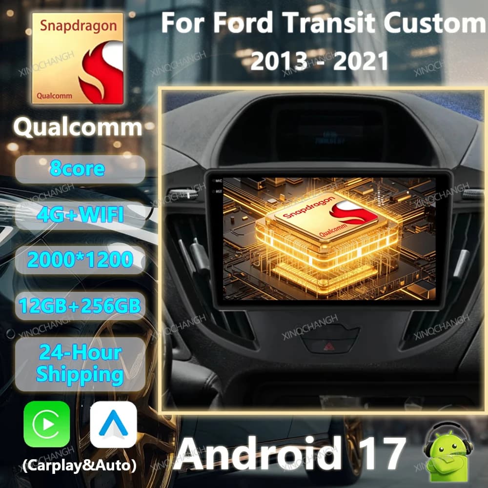Android 17 Car Radio For Ford Transit Custom 2013 - 2021 Head Unit Carplay Auto GPS Multimedia Video Player BT 4G WIFI QLED 2DIN