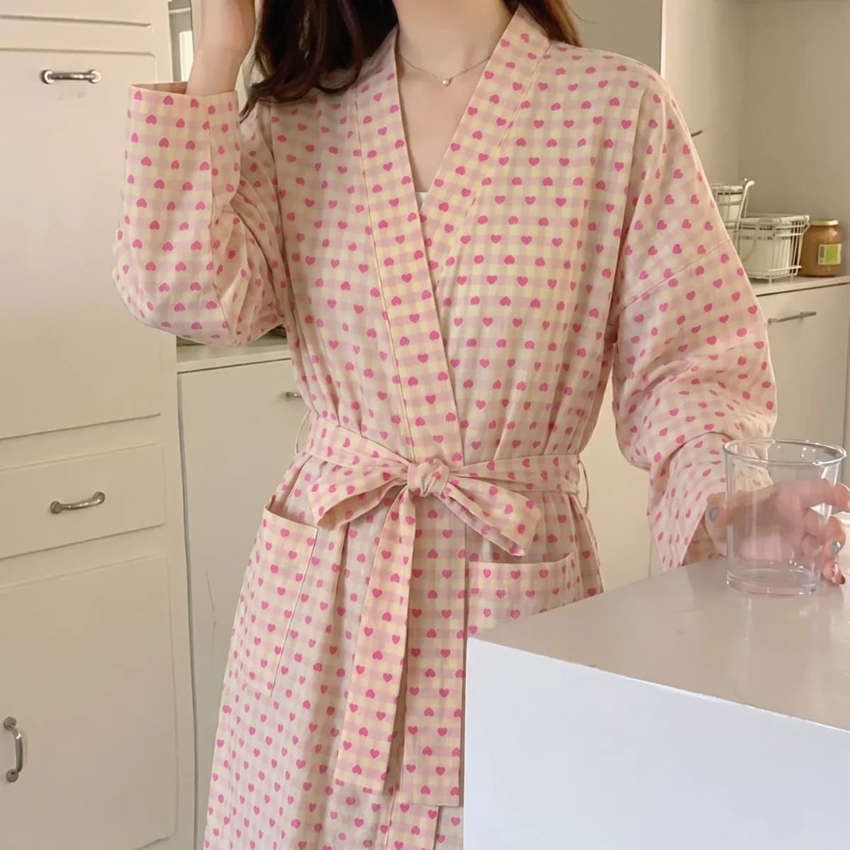 Accappatoio Sexy da Donna Chenyi per Primavera ed Estate, Vestaglia a Quadri con Scollo a V e Maniche Lunghe, Abbigliamento da Notte
