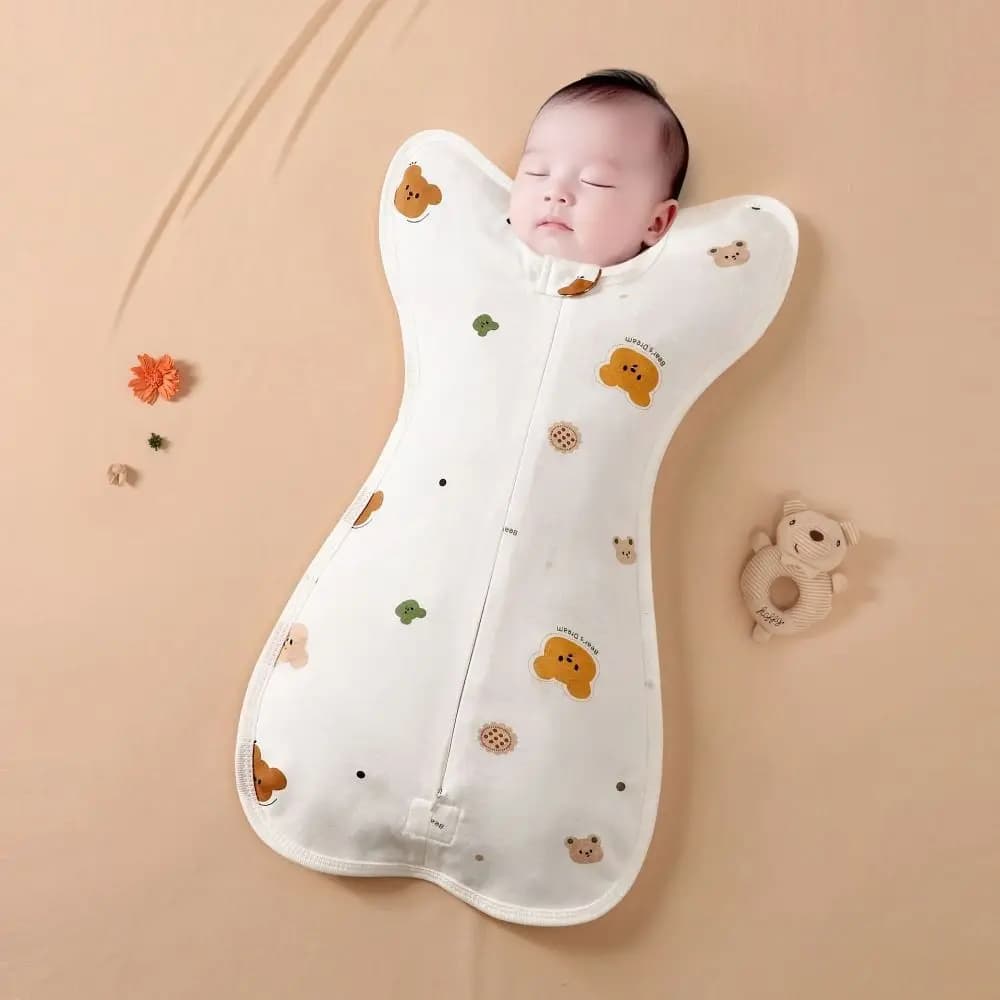 Cotton Baby Swaddle Blanket Zipper Closure Printed Pattern Newborn Sleep Sack Anti Startle Arms Up Shape Baby Sleeping Bag