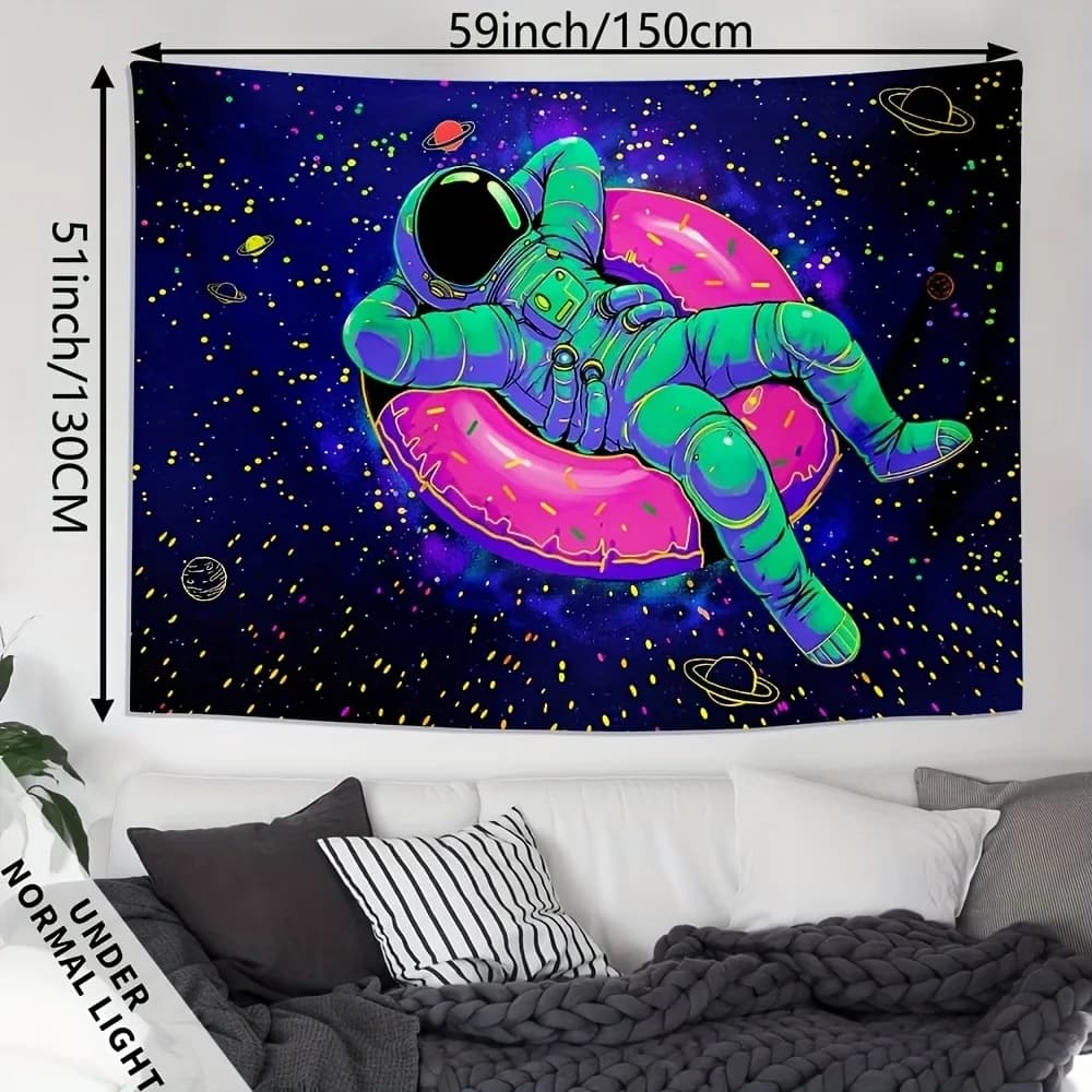 1PC Digital Printed Tapestry Wall Hanging, Astronaut Relaxing on Donut Space, Funny Trippy Sci-Fi Cartoon Decor