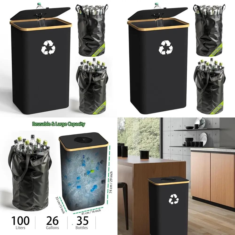 Grande contenitore per riciclaggio da cucina da 26 galloni da 100 litri con coperchio rimovibile e sacchetto riutilizzabile per bottiglie, lattine, vetro e rifiuti di plastica - Bla