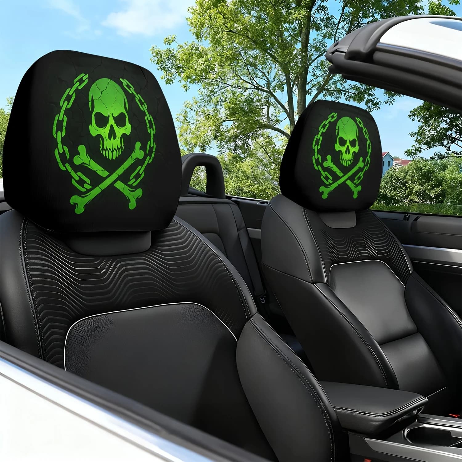 Set of 2 car headrests with chain rings print with green skull, not padded, elegant and comfortable, protect the headrests of the vehicle seats