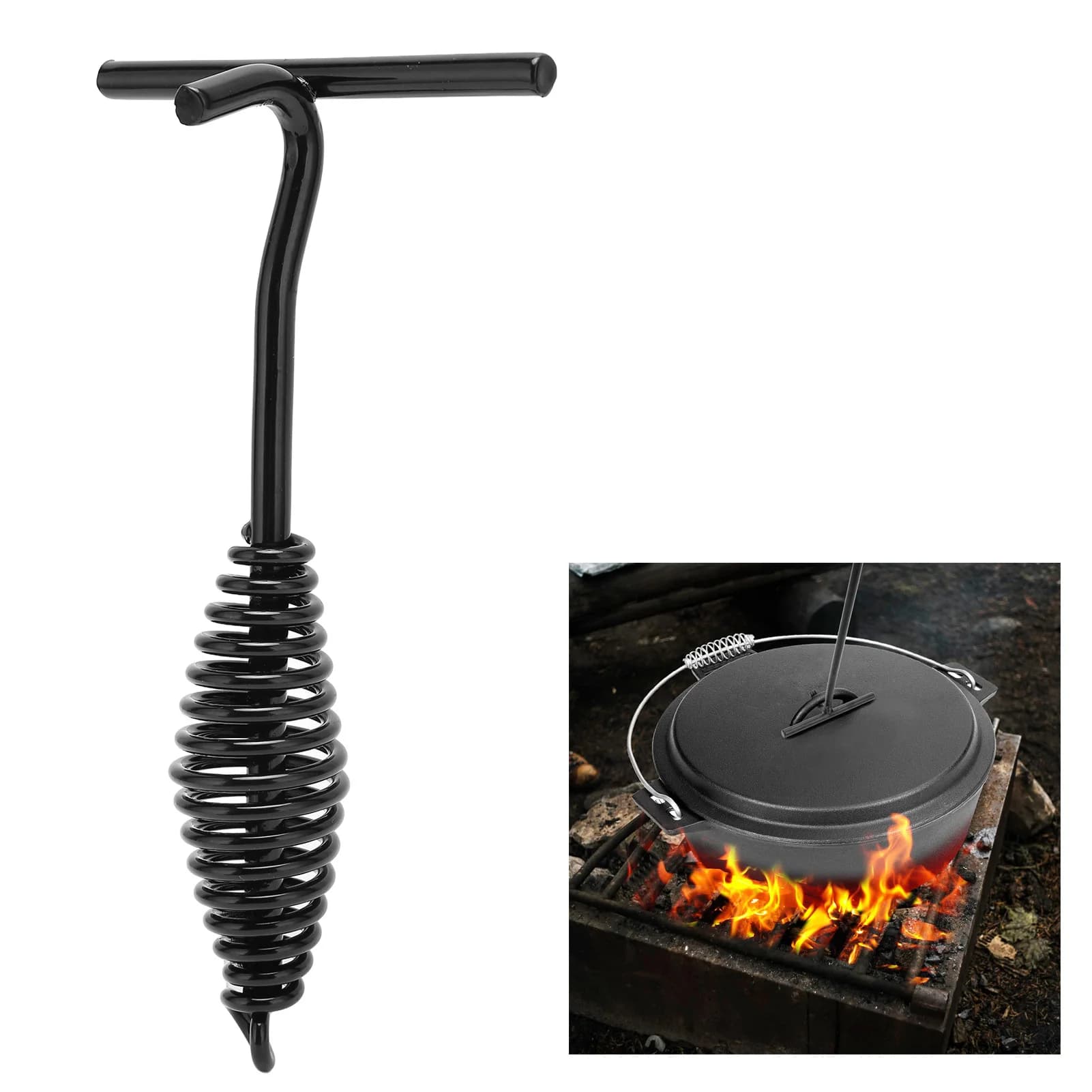 Sollevatore per coperchio per forno olandese da 19,5 cm Sollevatore per coperchio per forno olandese in ghisa con manico a spirale per escursioni in campeggio all'aperto