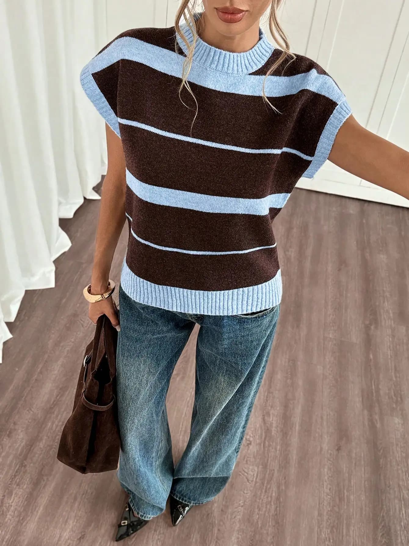 Top estivo a righe in maglia, casual, a maniche corte, con scollo rotondo