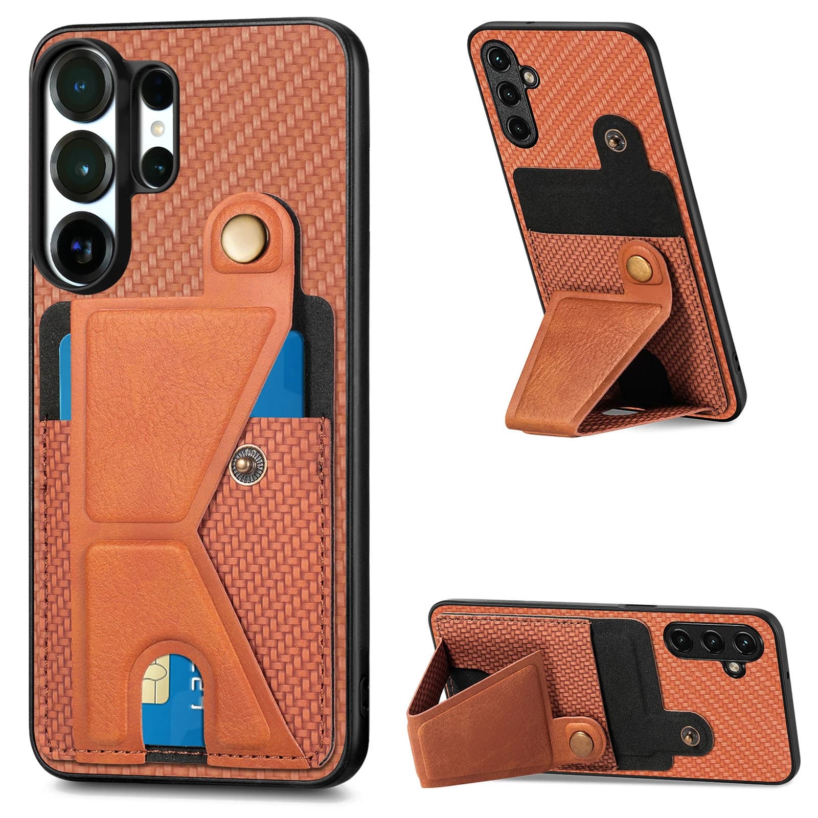 Magnetic Wallet Card Holder Carbon Fiber Texture phone case For Samsung S25 Ultra S24 Plus S23 A17 A07 kickstand RFID Cover