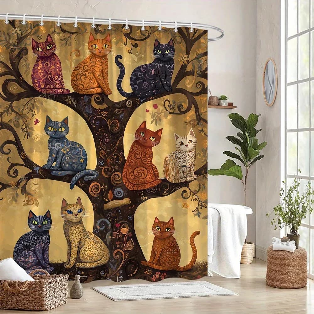 Tenda da doccia stravagante con gatti sui rami di albero - 9 disegni felini unici, turbinii dorati e neri, 12 ganci, arredamento da bagno fantasy