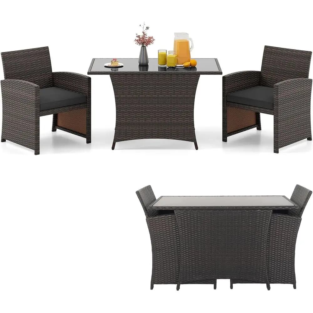 Lunch Set in Vimini 2 Pieces with Cushions: Rectangular table in Glass and chairs for Outdoors, Patio, Veranda, Swimming pool