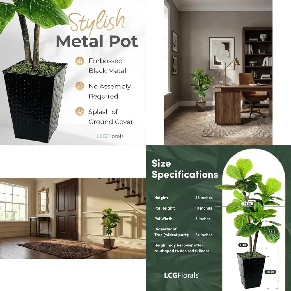 Artificial Ficus Tree Inclined by 1m with Trunk in True Wood, Preassembled, Low Maintenance, Interior Decorative Plant in Black Metal