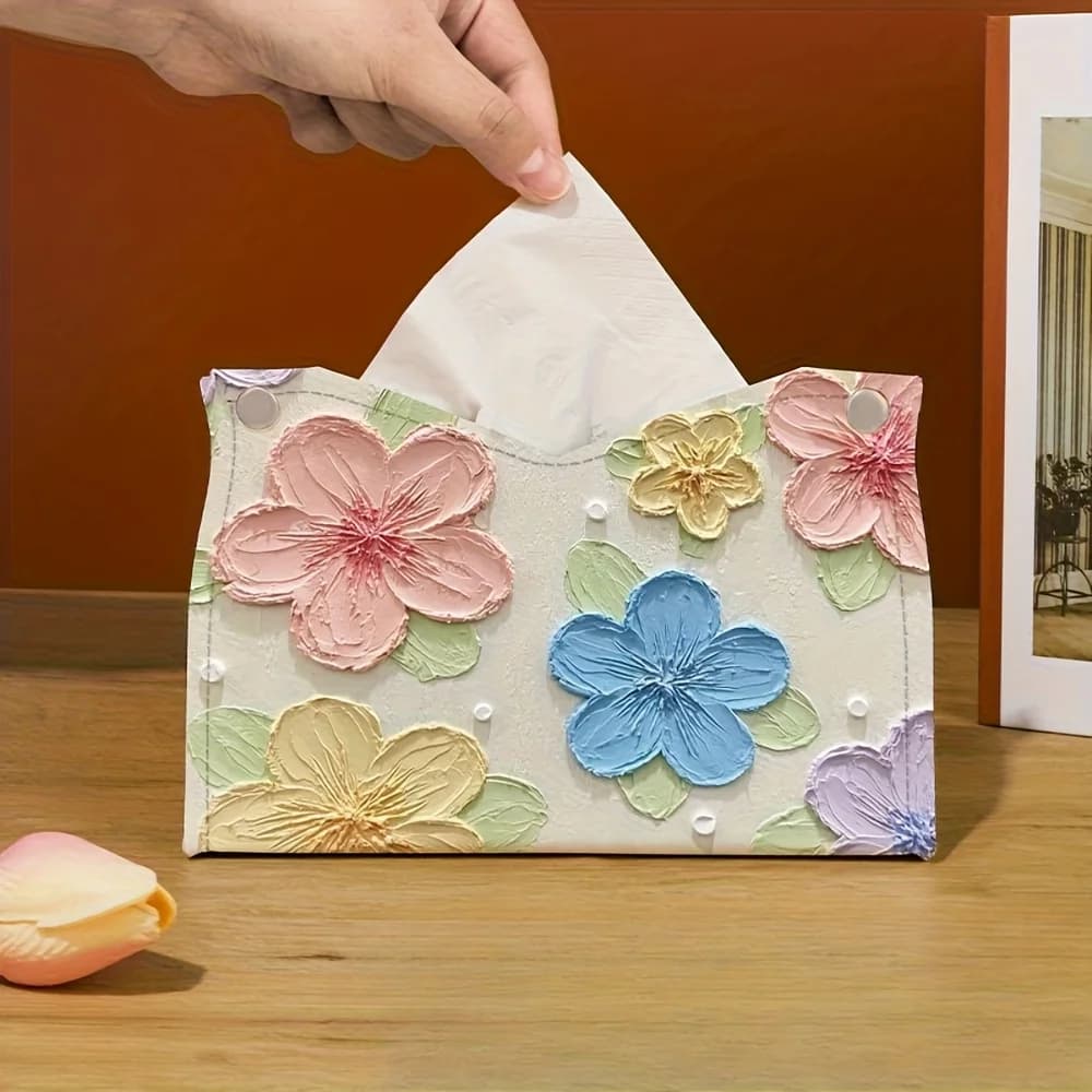 Elegant Floral Pattern Tissue Box - Oil Painting Style Perfect for Living Room, Desktop Storage or Home Dining Room Decoration