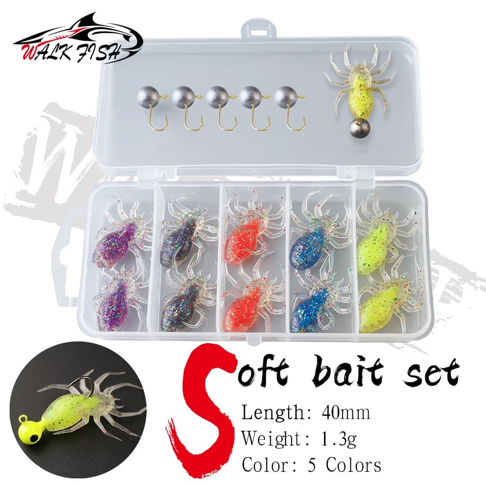 WALK FISH 1Set 4CM/1.3G Soft Spider Lure with Hooks Storage Box Fishing baits Stretch Artificial Spider Bait Fishing Equipment