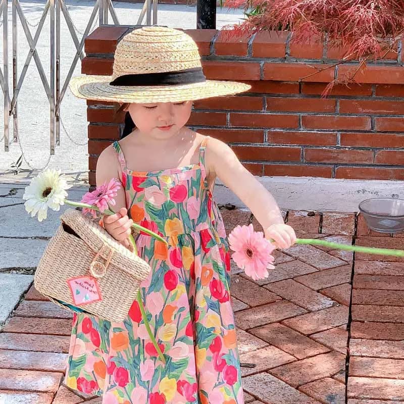 Vestito Estivo con Bretelle per Bambine, Abito Stile Campagna, Gonna per Bambine 3-8 Anni