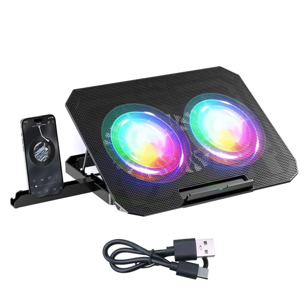 Supporto per Laptop Pieghevole con Raffreddamento CPU, RGB, Due Ventole, Altezza Regolabile, Porte USB