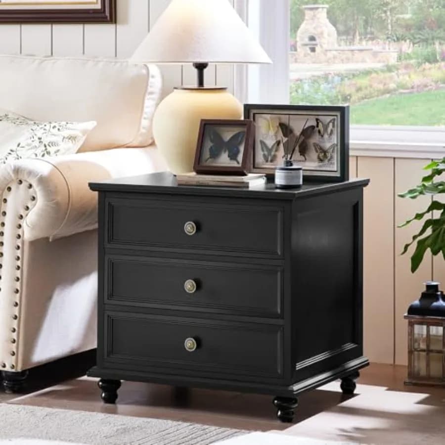 24" Wide Farmhouse Night Stand, Large End Table with 3 Drawers and Metal Handle, Dresser for Bedroom, Bed Side Table Chest of D