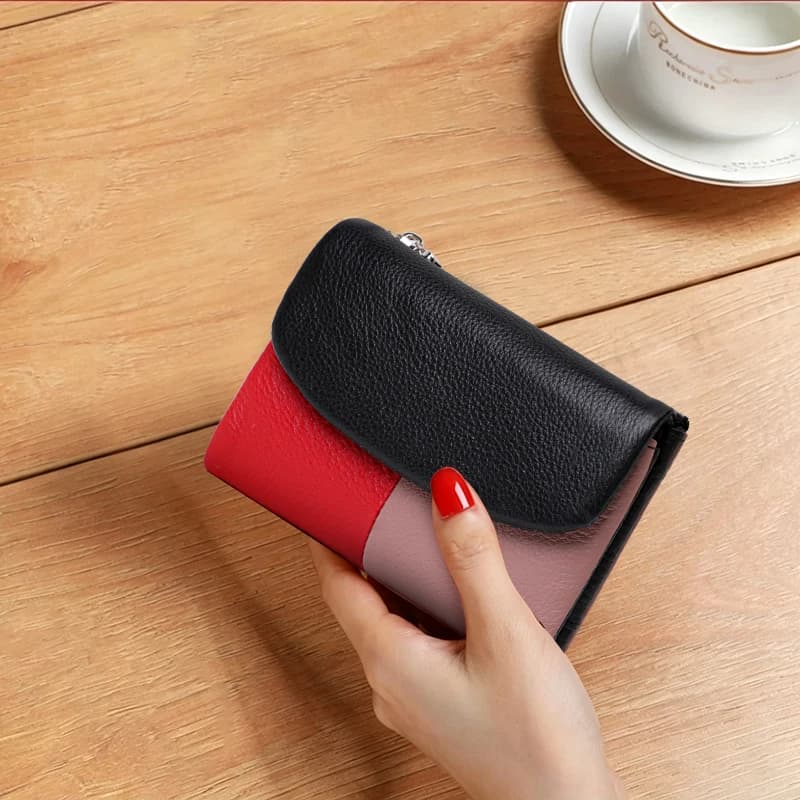 Aidrani Ladies Genuine Cowhide Wallet, RFID Anti‑scan Color Block Short Purse, Multi‑Card Slots Zipper Coin Pouch for Women