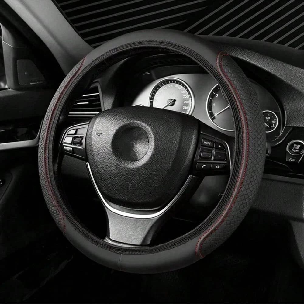 15-Inch Universal PU Leather Car Steering Wheel Cover, Breathable Anti-Slip, Fit 37-38cm Steering Wheel, Unisex