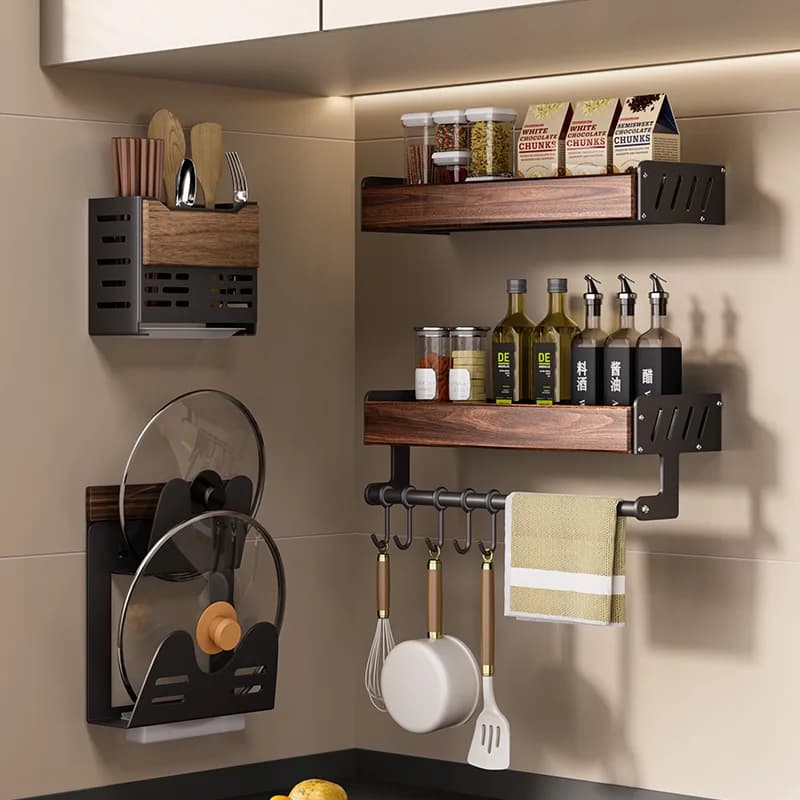Scaffale da cucina in legno di noce, organizer per spezie in acciaio inossidabile, portacoltelli senza trapano, supporto per coperchio in pentola in legno massello per cucina