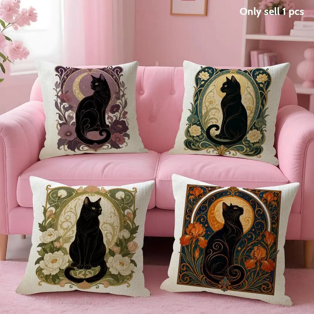 Retro Art Noble Black Cat Cushion Cover Linen Organic Fabric Double-Sided Printing Sofa Breathable Home Decor Gift Pillow Case