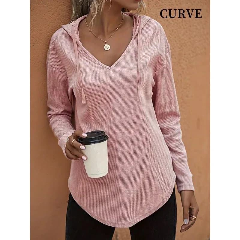 Plus Size 1XL-5XL Nuovo maglione con cappuccio a maniche lunghe con scollo a V da donna Top pullover con coulisse da donna