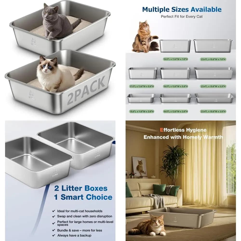 Scatole per lettiere per gatti in acciaio inossidabile per tutte le dimensioni: 19,5 l x 13,6 l x 5,9 ore, lettiera in metallo su alto lato, antiscivolo per una facile pulizia