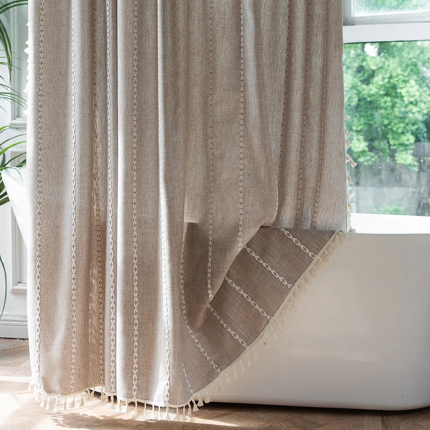 Tenda da doccia lunga Boho, tenda da doccia in tessuto di cotone e lino con nappa per tenda da bagno rustica francese chic