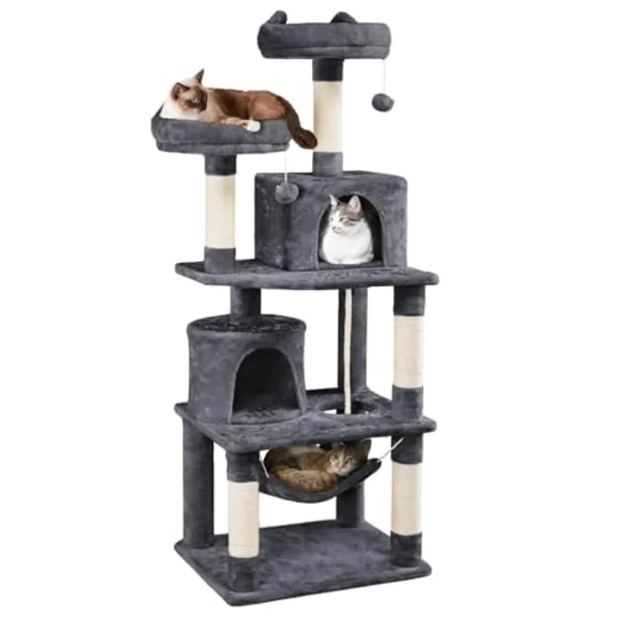 Albero per Gatti da 62,5 Pollici, Torre per Gatti con Piattaforma e Amaca, Tiragraffi per Gattini, Cuccia Gioco per Animali Domestici con Sospensione in Peluche