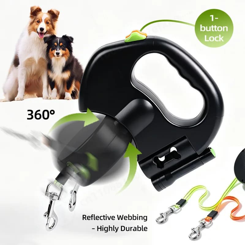 Retractable Dog Leash 1 to 2 Double Splitter with Harness for Small Medium Dogs Outdoor Walking Tool