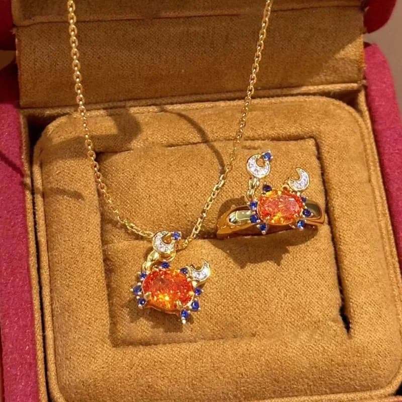 Anelli di granchio con pietre preziose arancioni vintage pregiate e creative per collana da donna nuova in set di gioielli di lusso leggeri e carini, regalo