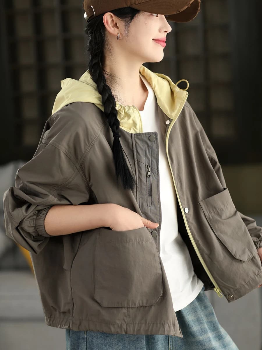 Retro High-density Cotton Hooded Jacket Women's Spring Style Zipper Outerwear Casual Fashion Color Block Open Cardigan