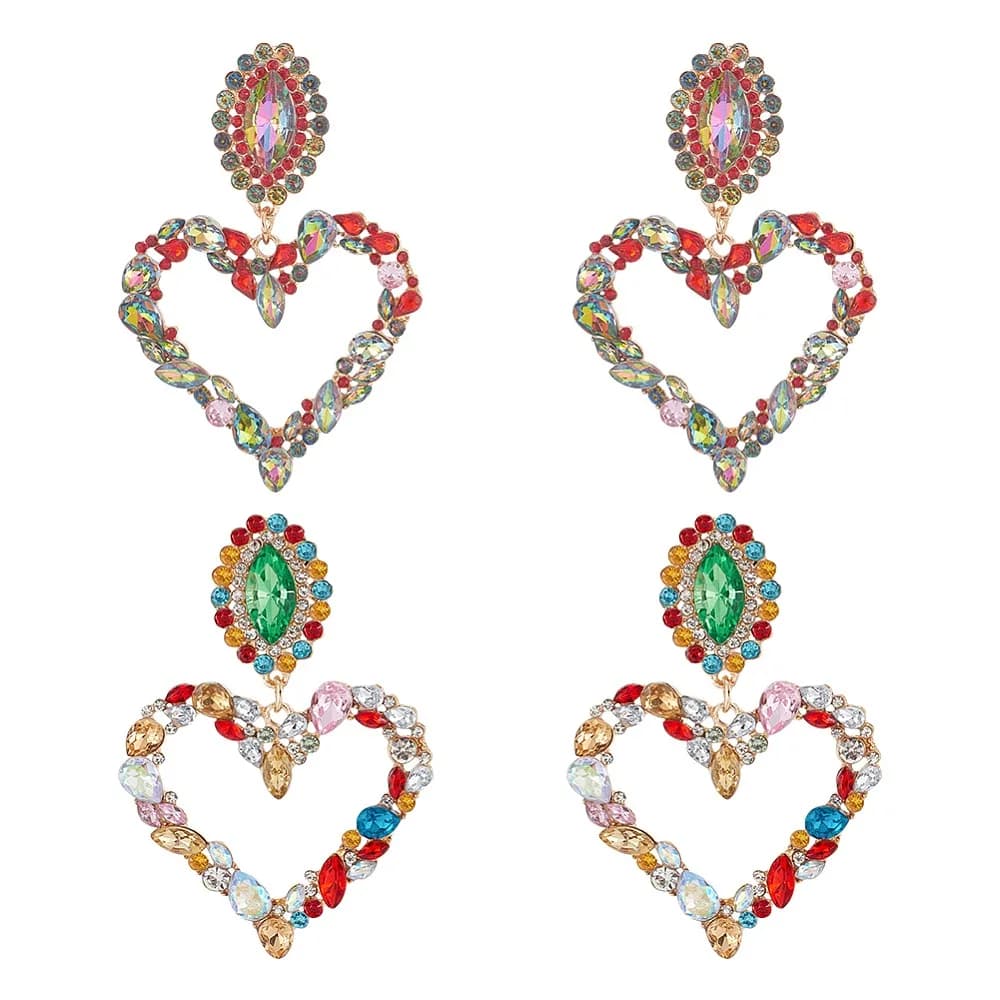 2 Pairs 2 Colors Rhinestone Hollow Out Heart Dangle Stud Earrings Light Gold Alloy Long Drop Earrings for Woman Mixed Color 80mm