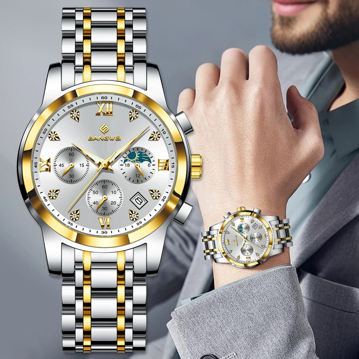BANGWEI New Luxury Men Watches Fashion White Original Quartz Wristwatches Waterproof Luminous Steel Mens Watches Reloj Hombre