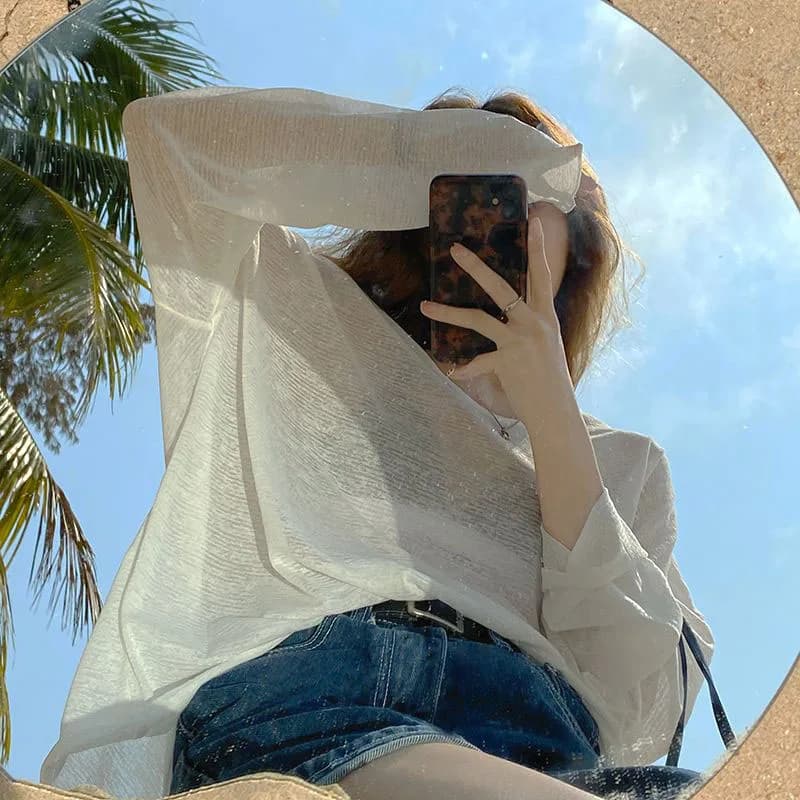 Smvp Summer V-neck Sunscreen Pullover Women Casual Loose Thin Long Sleeve White T Shirt Female Outdoor See Through Beach Tops