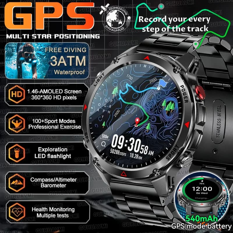 New Smartwatch Military GPS 2026 Waterproof 3ATM with GNSS Dual-band Integrated, 540mAh Compass and Battery - Man's Smart Bracelet for Swimming, Running and Cycling