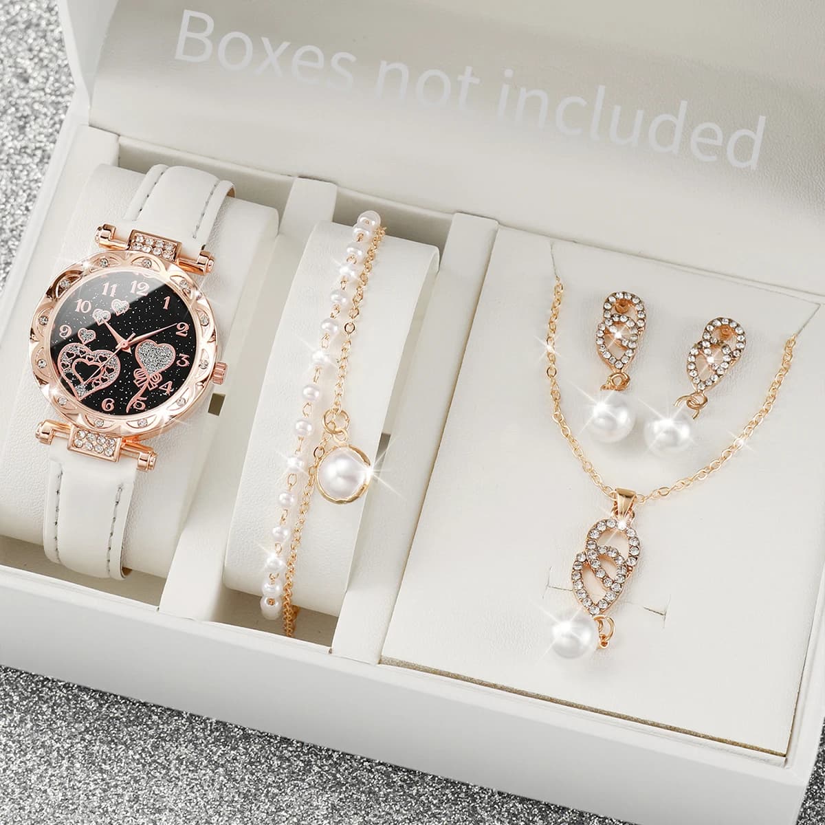 Women 4Pcs Watch Jewelry Set Rhinestone Heart Dial Leather Quartz Watch Pearl Necklace Earrings Bracelet Gift Set
